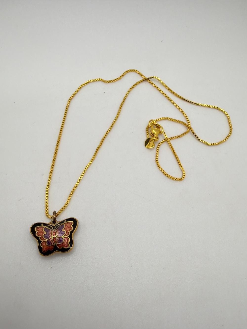 Vintage Cloisonne Butterfly pendant with brand new 17" GP box chain necklace!
